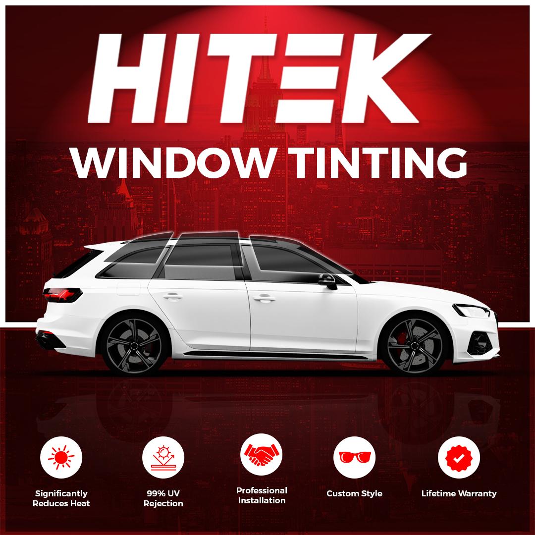 HiTek Films automotive window tint on white sedan - color stable, never fades, lifetime warranty